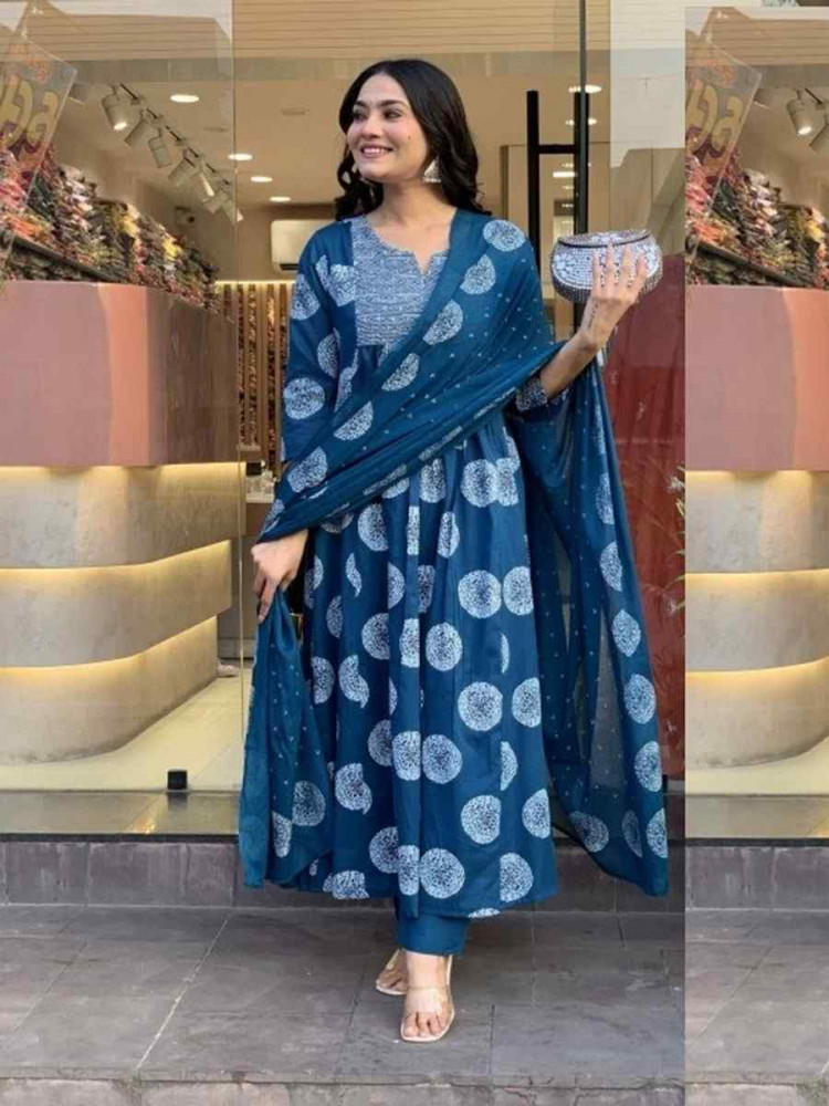 Image of Blue Rayon Printed Party Wedding Festival Casual Ready Anarkali Pant Salwar Kameez