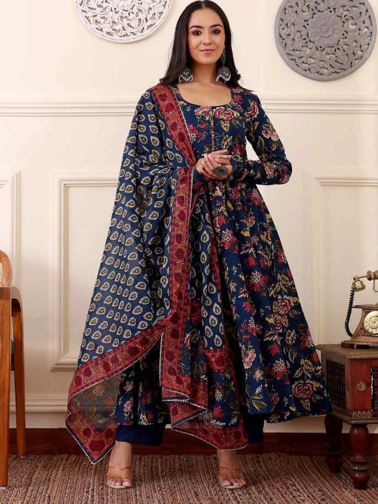 Image of Blue Rayon Printed Party Wedding Festival Casual Ready Anarkali Salwar Kameez