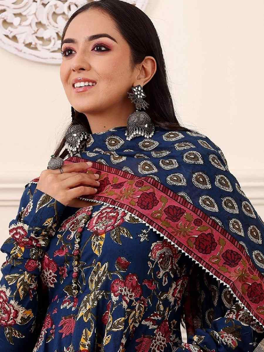 Blue Rayon Printed Party Wedding Festival Casual Ready Anarkali Salwar Kameez