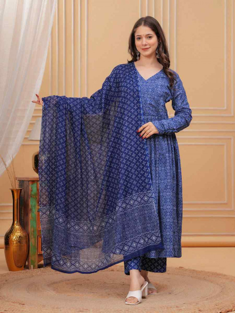 Image of Blue Rayon Printed Party Wedding Festival Casual Ready Anarkali Salwar Kameez