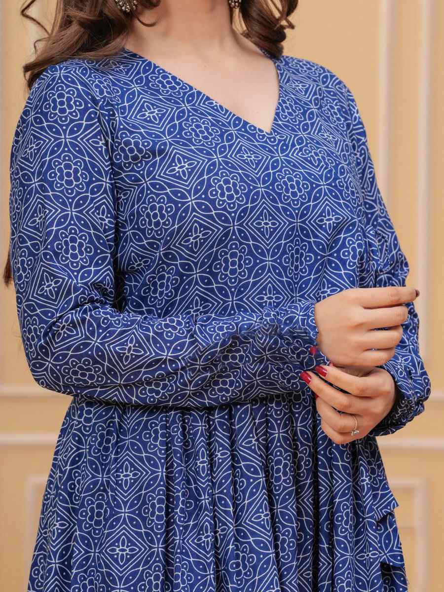 Blue Rayon Printed Party Wedding Festival Casual Ready Anarkali Salwar Kameez