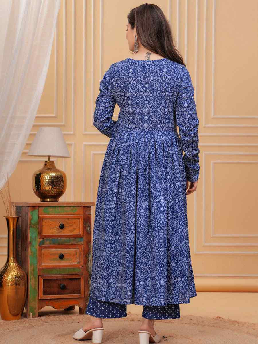 Blue Rayon Printed Party Wedding Festival Casual Ready Anarkali Salwar Kameez