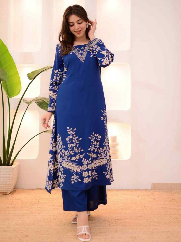 Image of Blue Rayon Slub Printed Embroidered Festival Casual Kurti with Bottom
