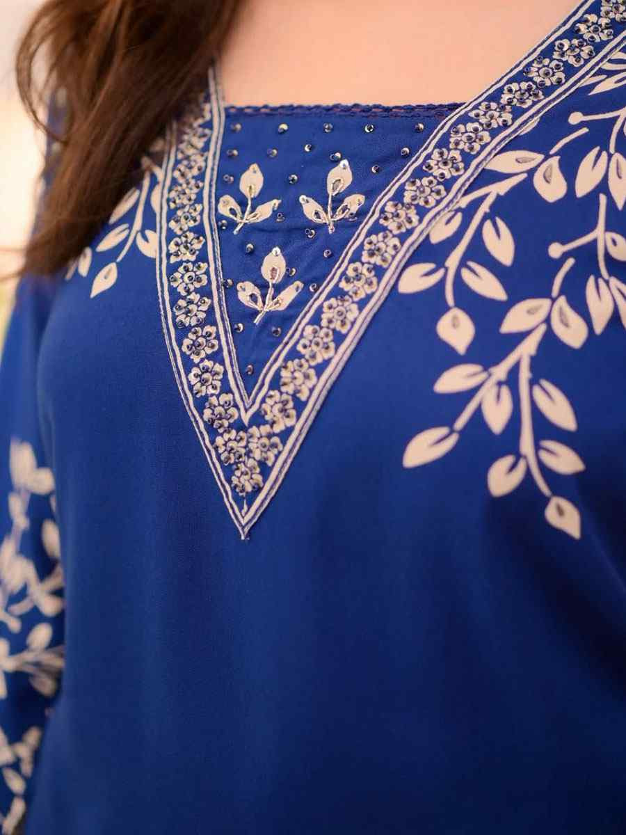 Blue Rayon Slub Printed Embroidered Festival Casual Kurti with Bottom