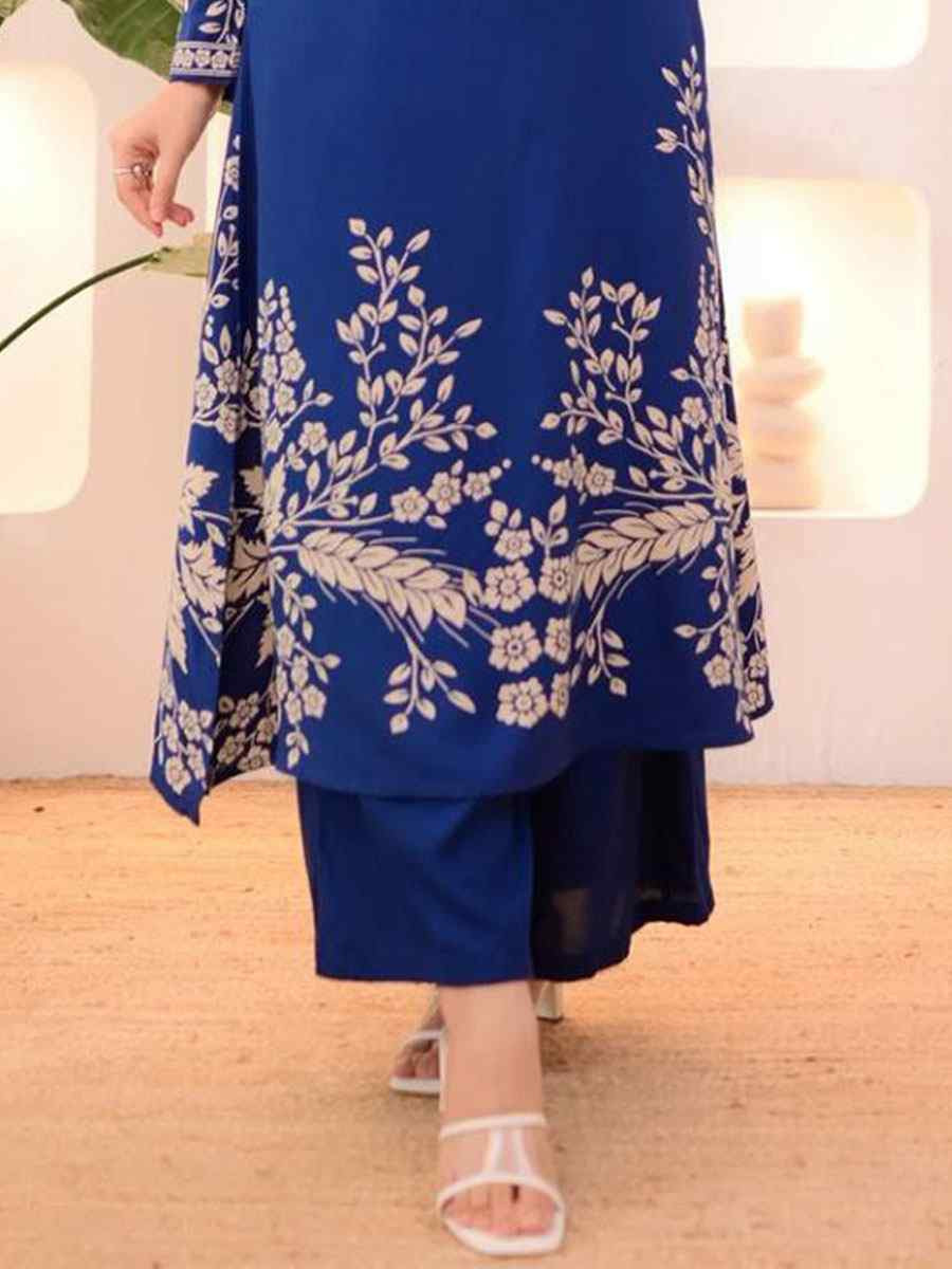 Blue Rayon Slub Printed Embroidered Festival Casual Kurti with Bottom