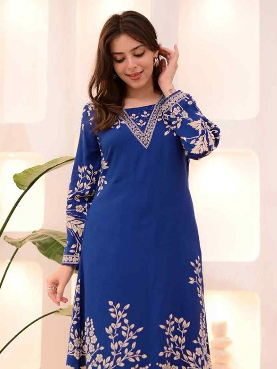 Blue Rayon Slub Printed Embroidered Festival Casual Kurti with Bottom