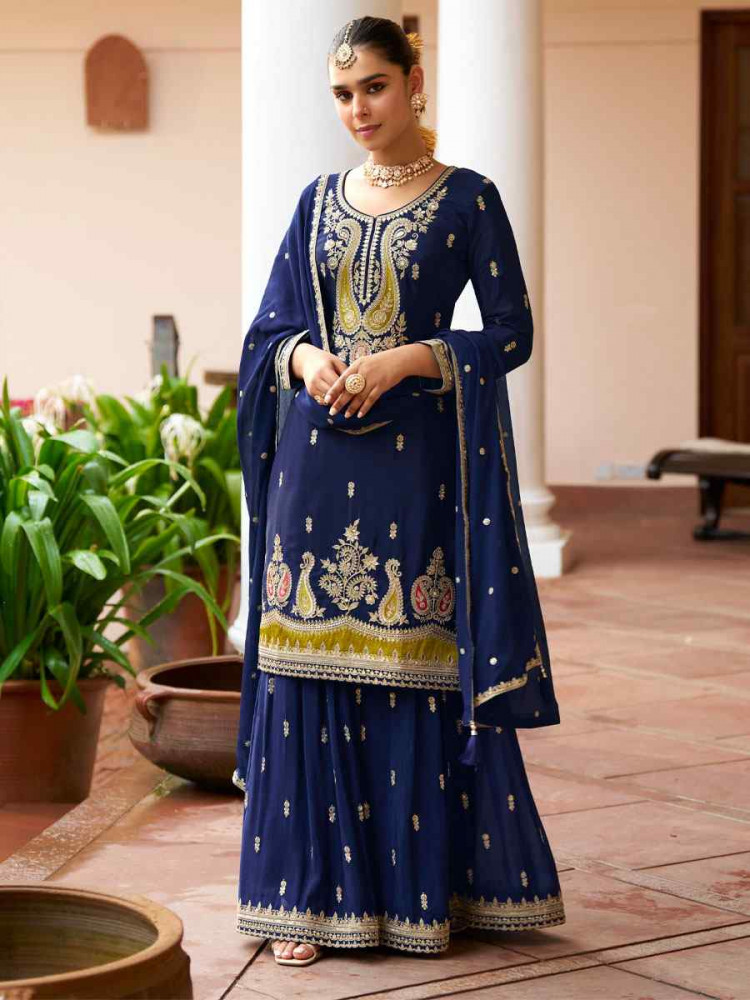 Image of Blue Real Chinon Embroidered Party Wedding Ready Palazzo Pant Salwar Kameez