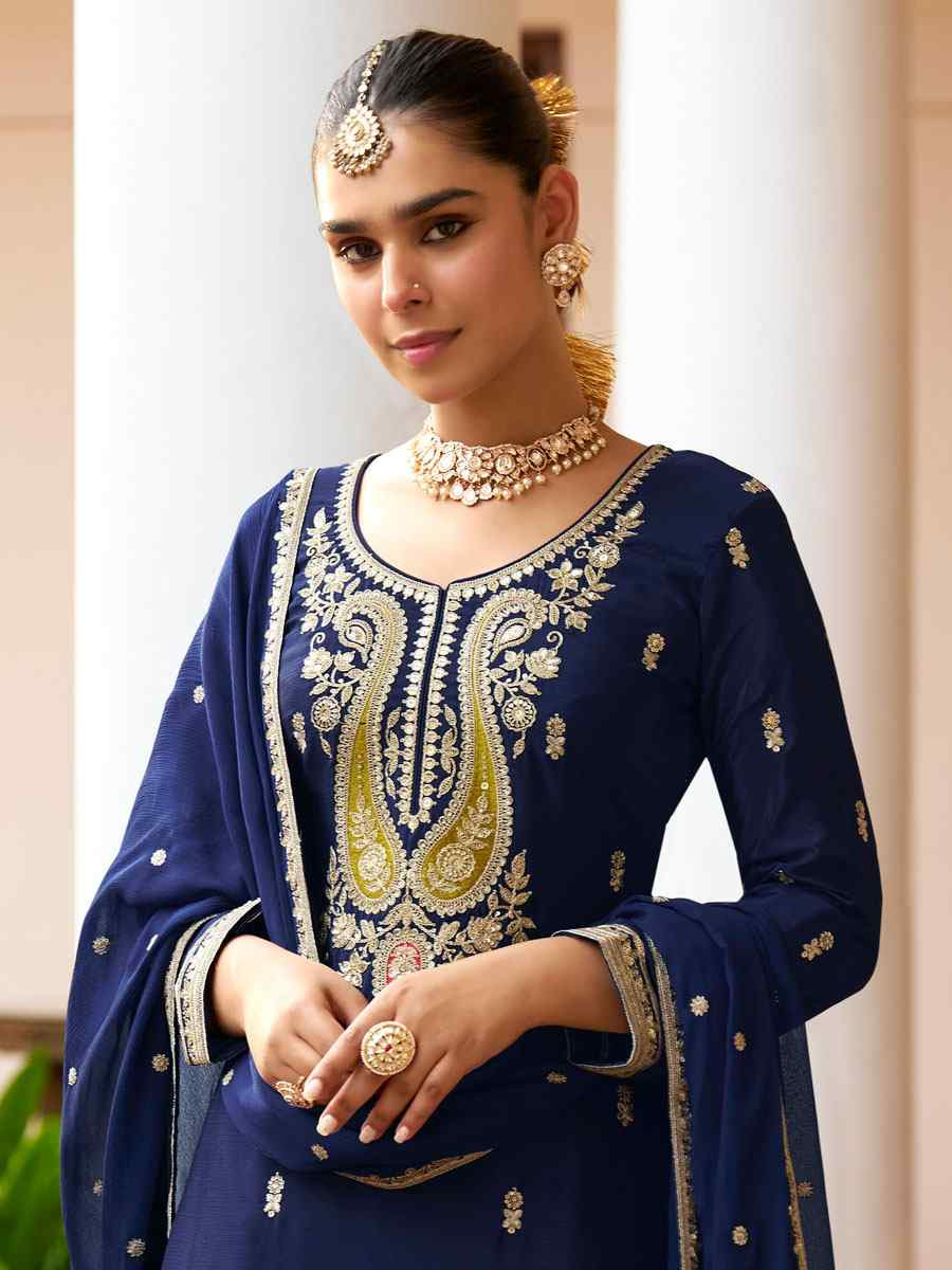 Blue Real Chinon Embroidered Party Wedding Ready Palazzo Pant Salwar Kameez