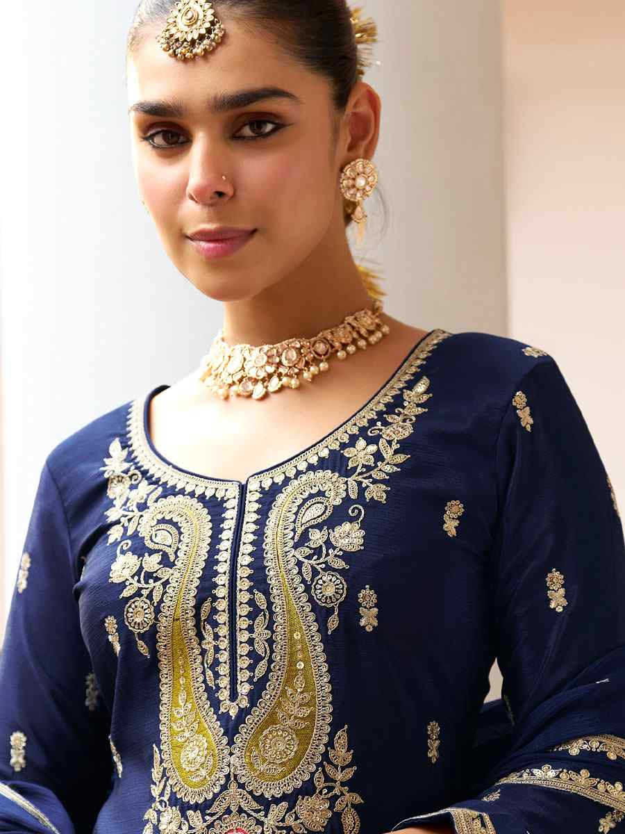 Blue Real Chinon Embroidered Party Wedding Ready Palazzo Pant Salwar Kameez