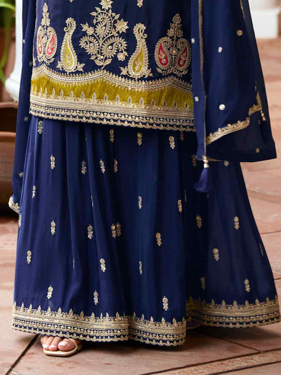 Blue Real Chinon Embroidered Party Wedding Ready Palazzo Pant Salwar Kameez