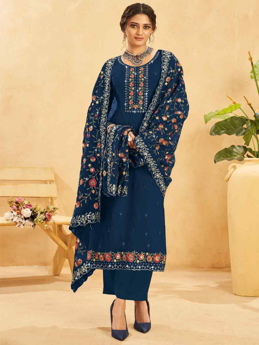 Blue Real Organza Embroidered Festival Wedding Pant Salwar Kameez