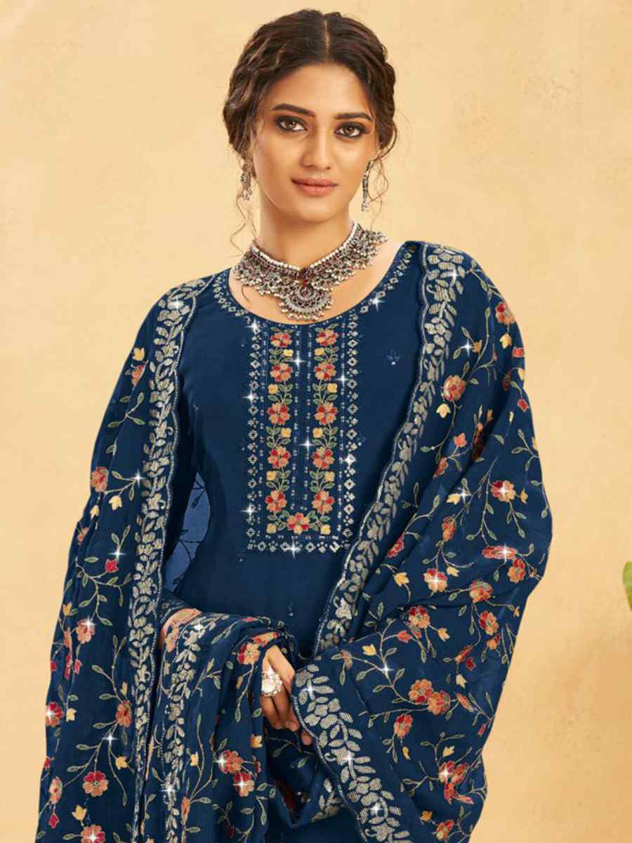Blue Real Organza Embroidered Festival Wedding Pant Salwar Kameez