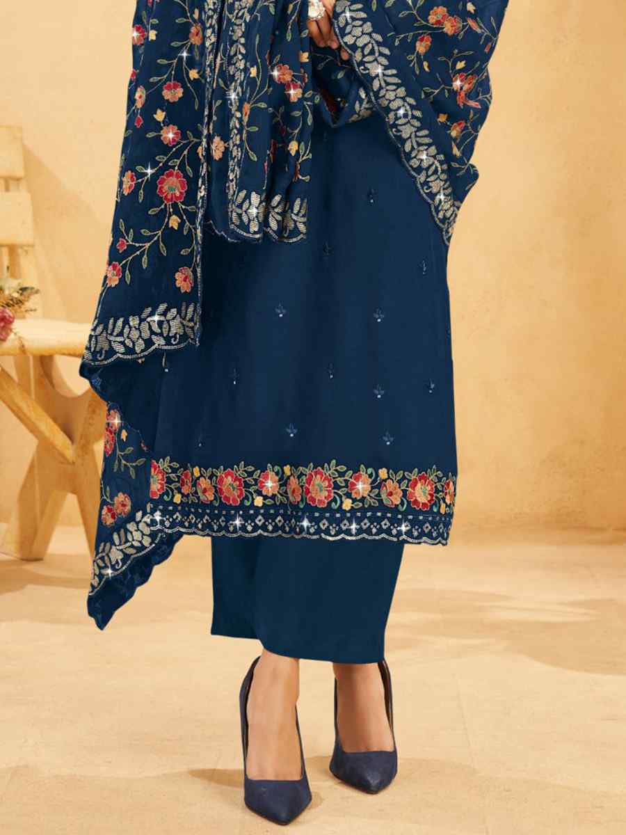 Blue Real Organza Embroidered Festival Wedding Pant Salwar Kameez