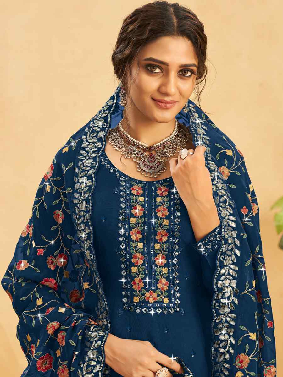 Blue Real Organza Embroidered Festival Wedding Pant Salwar Kameez