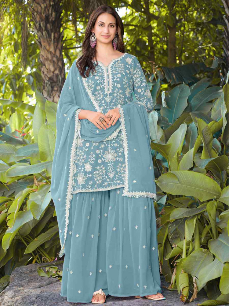 Image of Blue Real Premium Georgette Embroidery Party Wedding Festival Casual Ready Palazzo Pant Salwar Kameez