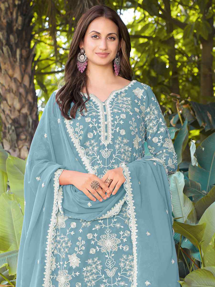 Blue Real Premium Georgette Embroidery Party Wedding Festival Casual Ready Palazzo Pant Salwar Kameez