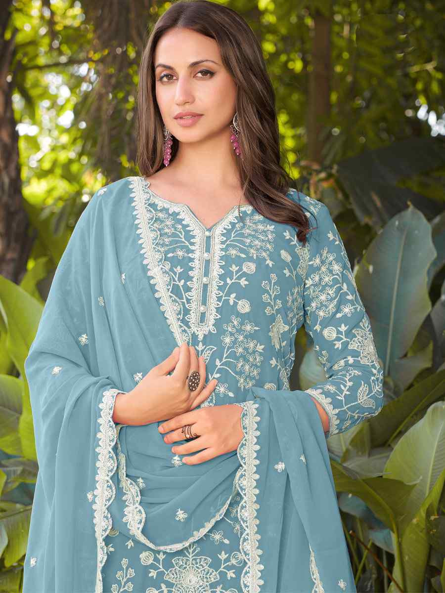 Blue Real Premium Georgette Embroidery Party Wedding Festival Casual Ready Palazzo Pant Salwar Kameez