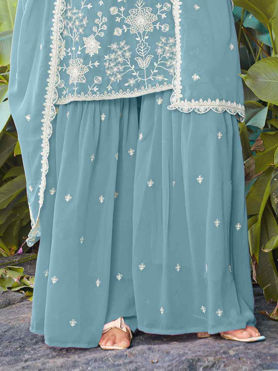 Blue Real Premium Georgette Embroidery Party Wedding Festival Casual Ready Palazzo Pant Salwar Kameez