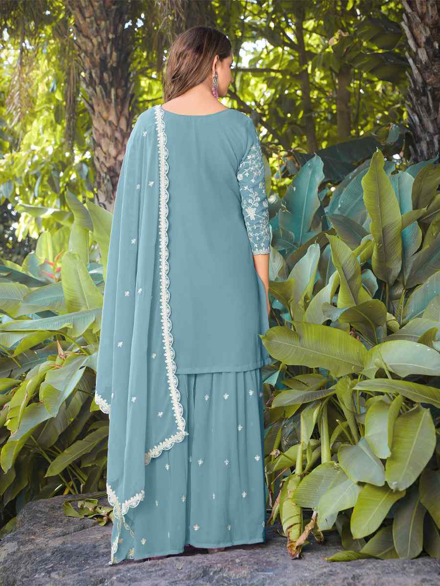 Blue Real Premium Georgette Embroidery Party Wedding Festival Casual Ready Palazzo Pant Salwar Kameez