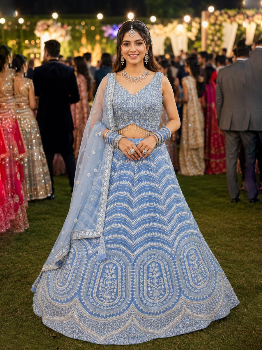 Blue Real Premium Net Resham Embroidered Stone Work Wedding Reception Festival Ready Heavy Border Lehenga Choli