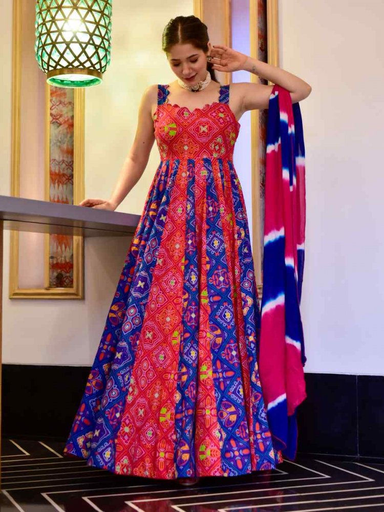 Blue Red Silk Cotton Printed Designer Festival Casual Anarkali Salwar Kameez