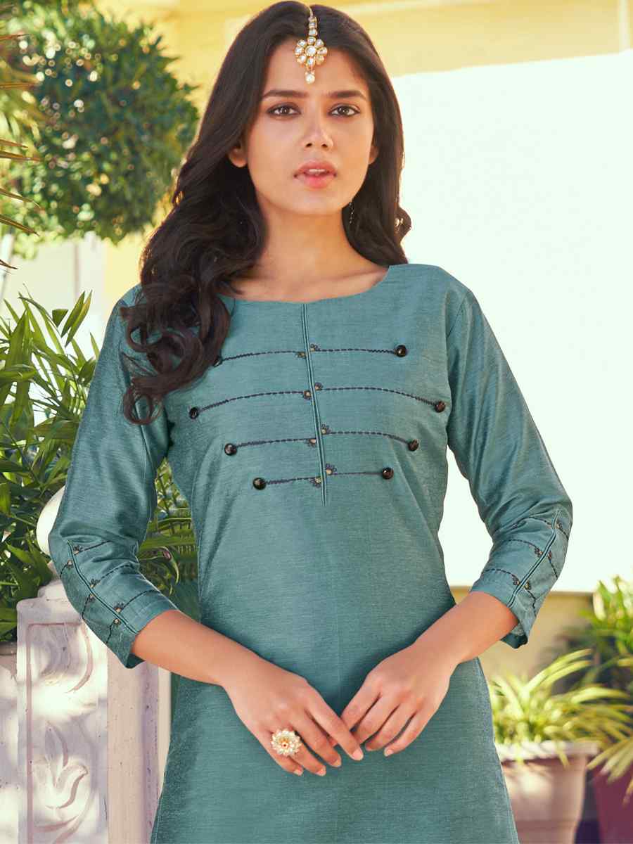 Blue Roman Silk Embroidered Festival Casual Kurti