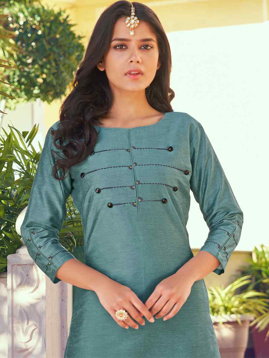 Blue Roman Silk Embroidered Festival Casual Kurti With Bottom