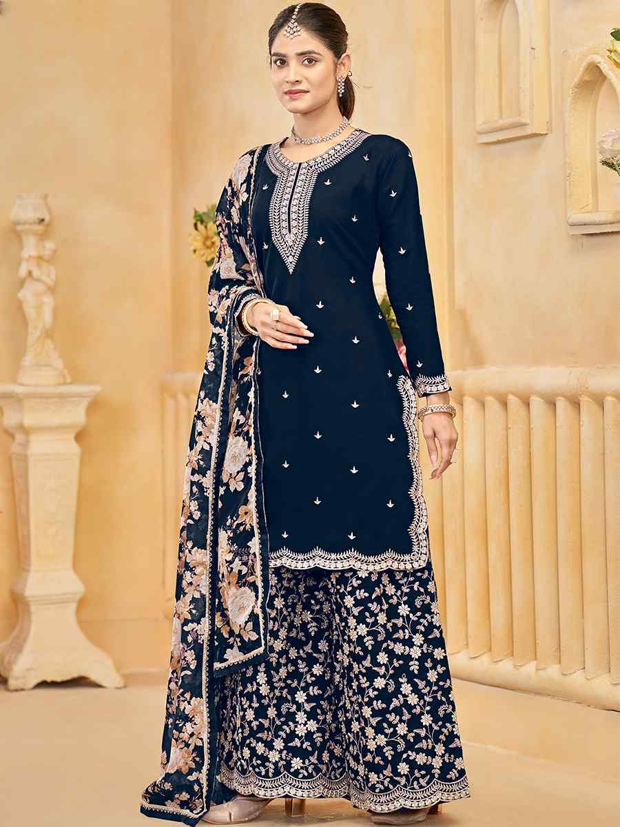 Blue Roman Silk Embroidered Festival Casual Ready Palazzo Pant Salwar Kameez