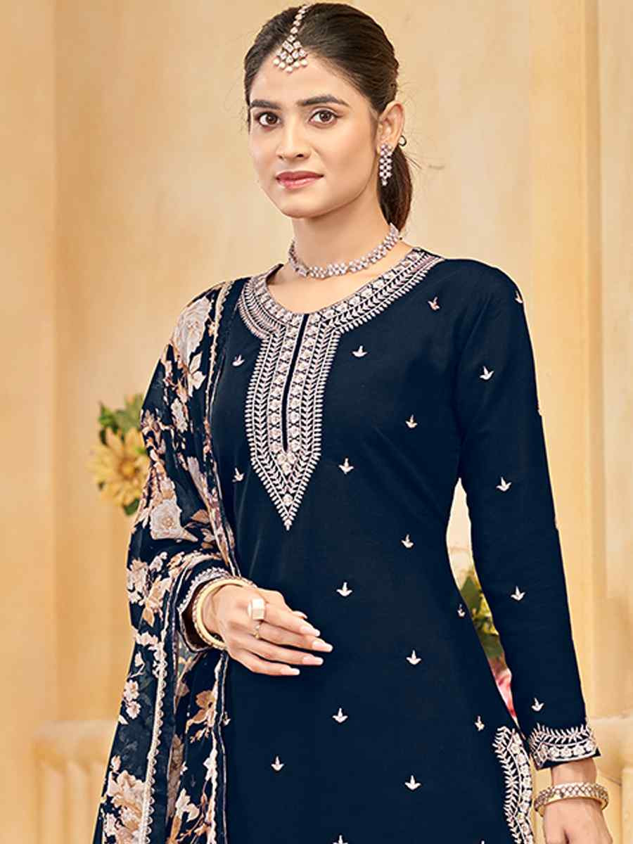 Blue Roman Silk Embroidered Festival Casual Ready Palazzo Pant Salwar Kameez