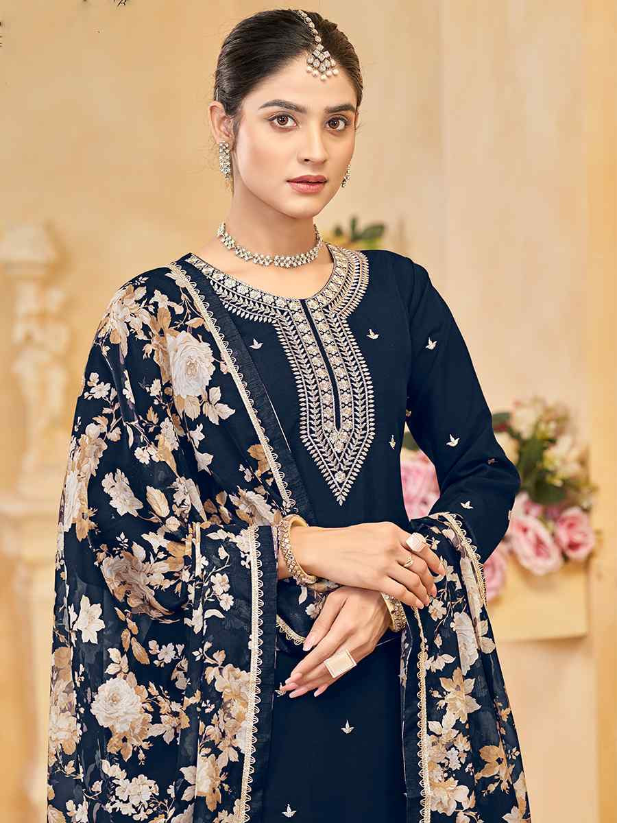 Blue Roman Silk Embroidered Festival Casual Ready Palazzo Pant Salwar Kameez