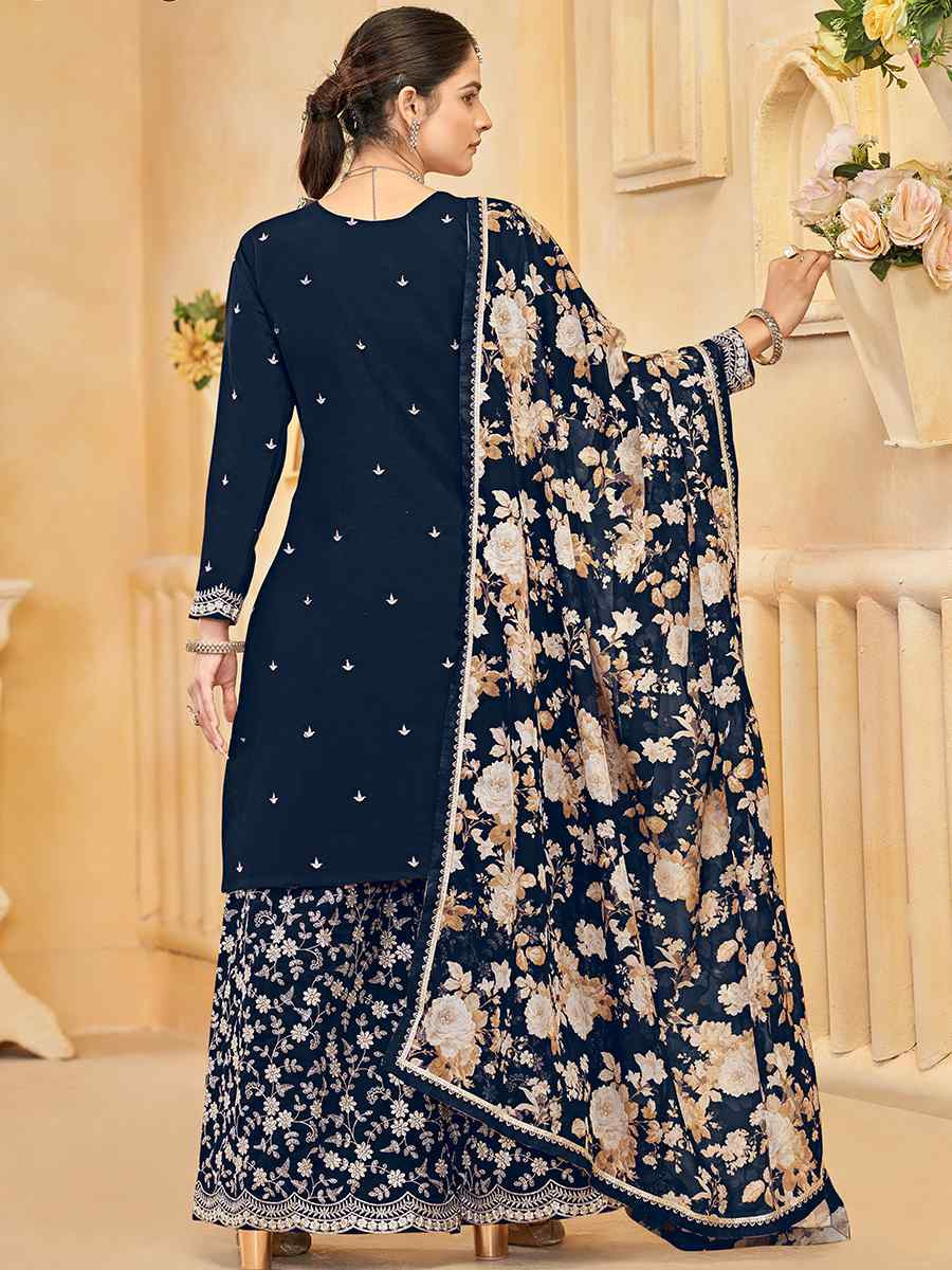 Blue Roman Silk Embroidered Festival Casual Ready Palazzo Pant Salwar Kameez