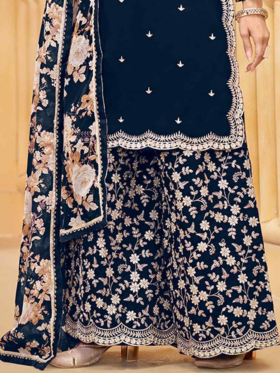 Blue Roman Silk Embroidered Festival Casual Ready Palazzo Pant Salwar Kameez