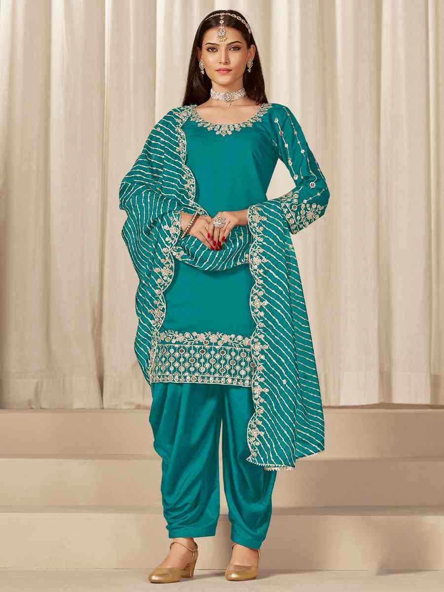 Blue Roman Silk Embroidered Festival Wedding Patiala Salwar Kameez