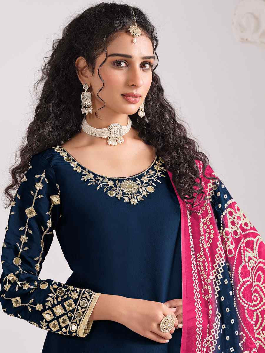 Blue Roman Silk Embroidered Festival Wedding Patiala Salwar Kameez