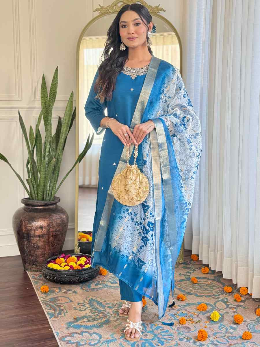 Blue Roman Silk Embroidered Party Wedding Ready Pant Salwar Kameez