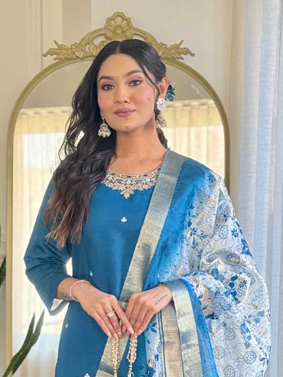 Blue Roman Silk Embroidered Party Wedding Ready Pant Salwar Kameez