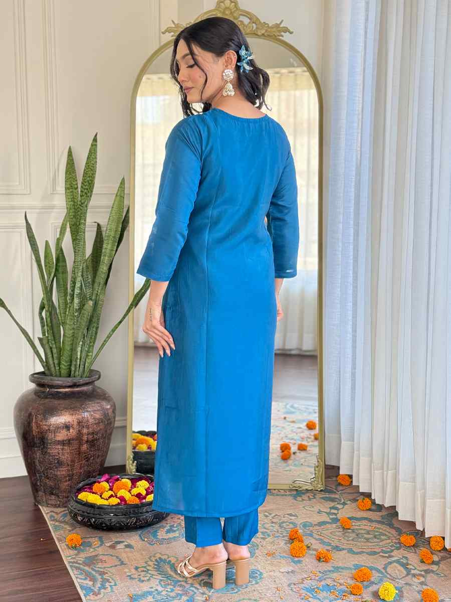 Blue Roman Silk Embroidered Party Wedding Ready Pant Salwar Kameez