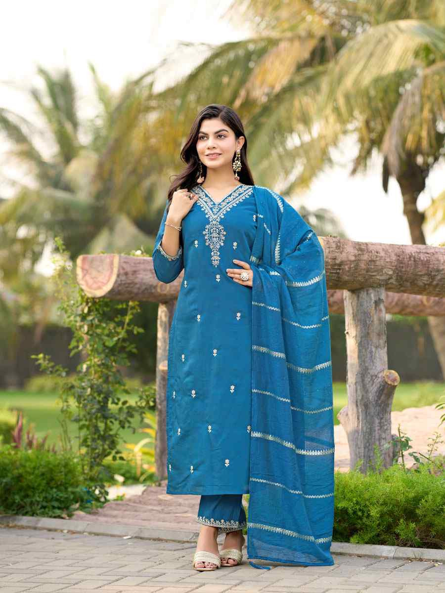 Blue Roman Silk Embroidery Party Wedding Festival Casual Ready Pant Salwar Kameez
