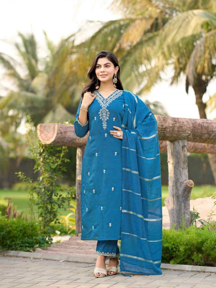 Image of Blue Roman Silk Embroidery Party Wedding Festival Casual Ready Pant Salwar Kameez