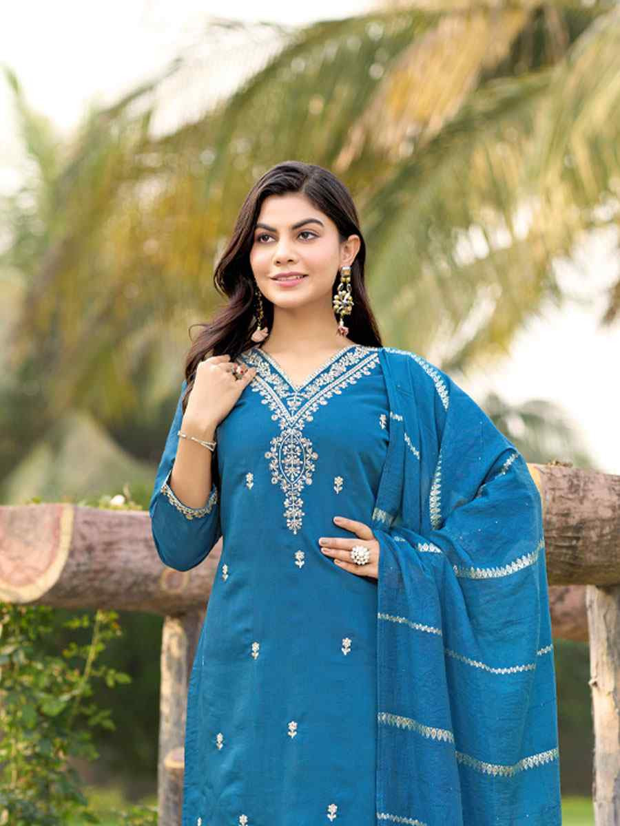 Blue Roman Silk Embroidery Party Wedding Festival Casual Ready Pant Salwar Kameez