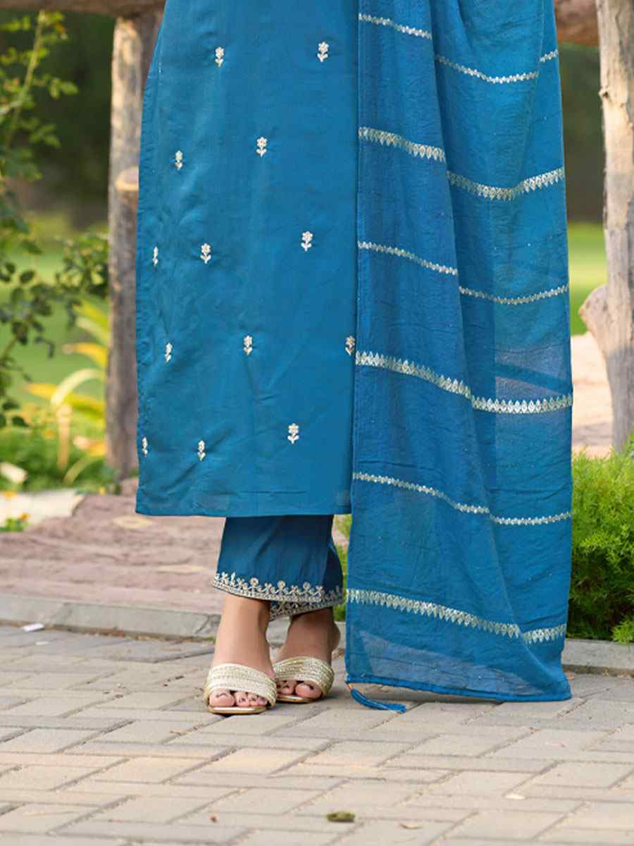 Blue Roman Silk Embroidery Party Wedding Festival Casual Ready Pant Salwar Kameez
