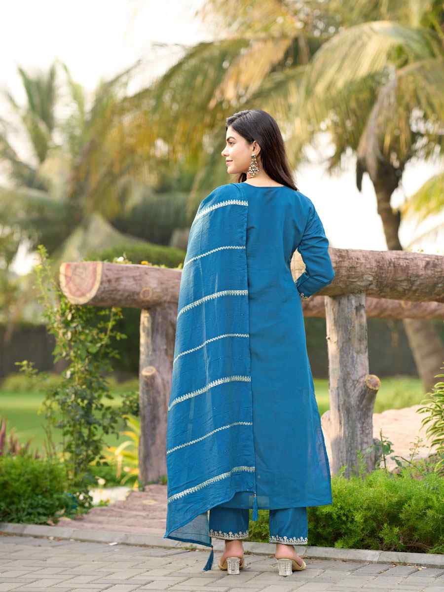 Blue Roman Silk Embroidery Party Wedding Festival Casual Ready Pant Salwar Kameez