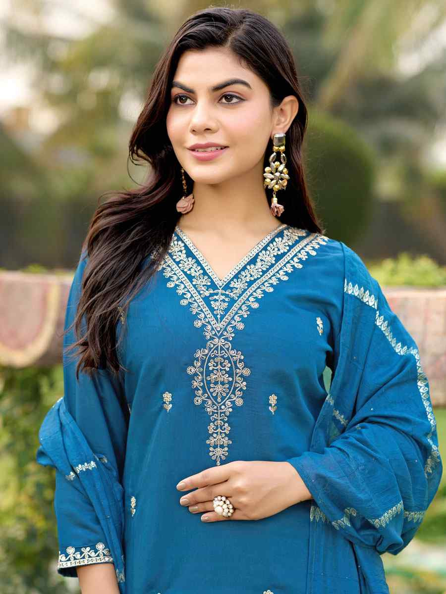 Blue Roman Silk Embroidery Party Wedding Festival Casual Ready Pant Salwar Kameez