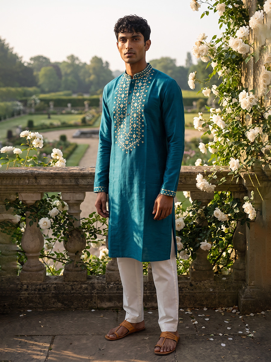 Blue Roman Silk Embroidery Wedding Party Festival Casual Mens Wear Kurta