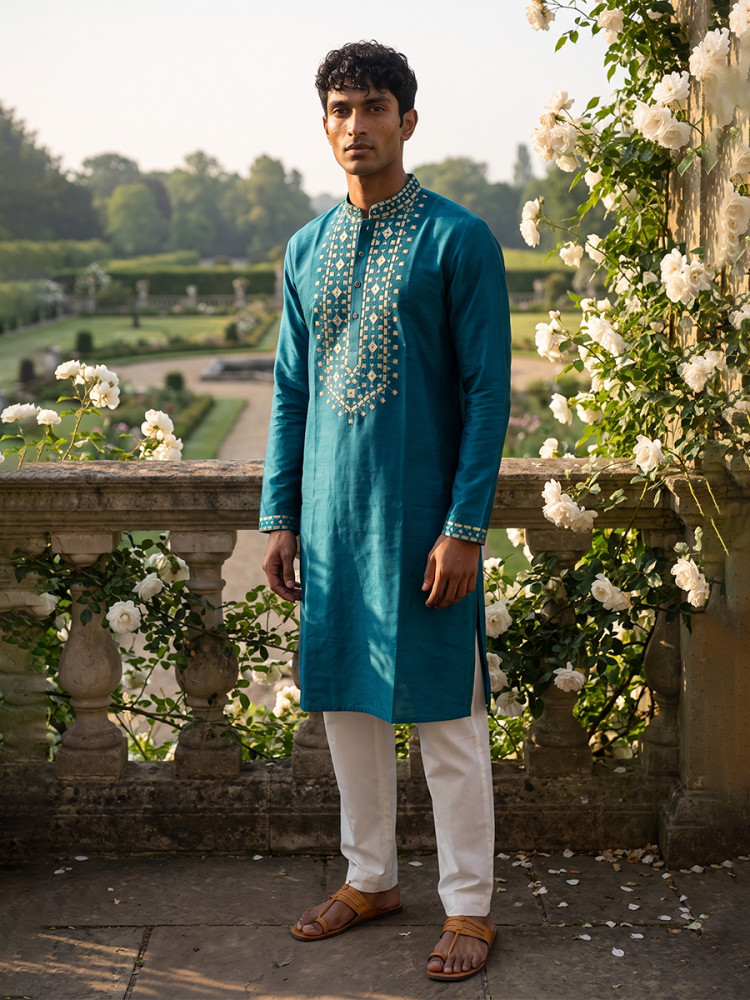 Image of Blue Roman Silk Embroidery Wedding Party Festival Casual Mens Wear Kurta