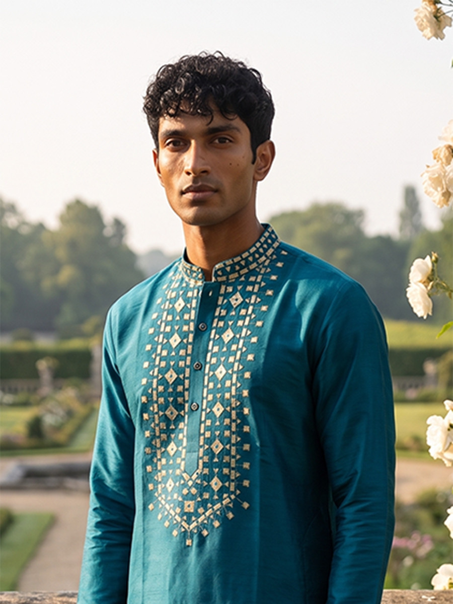 Blue Roman Silk Embroidery Wedding Party Festival Casual Mens Wear Kurta