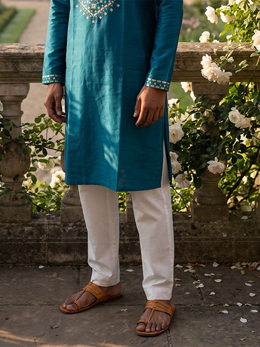Blue Roman Silk Embroidery Wedding Party Festival Casual Mens Wear Kurta