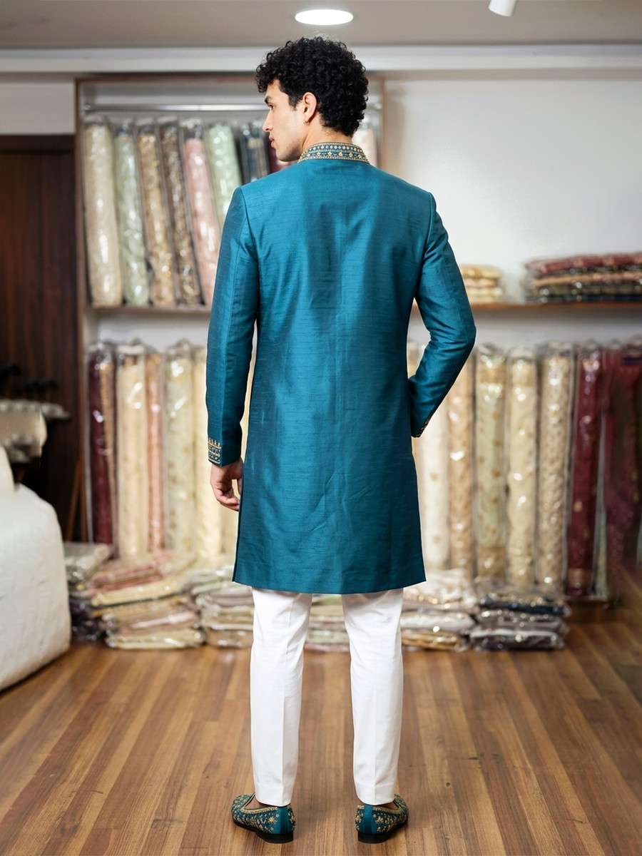 Blue Roman Silk Embroidery Wedding Party Festival Casual Mens Wear Kurta