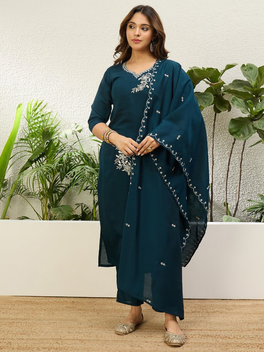 Blue Roman Silk Embroidery Wedding Party Festival Casual Pant Salwar Kameez