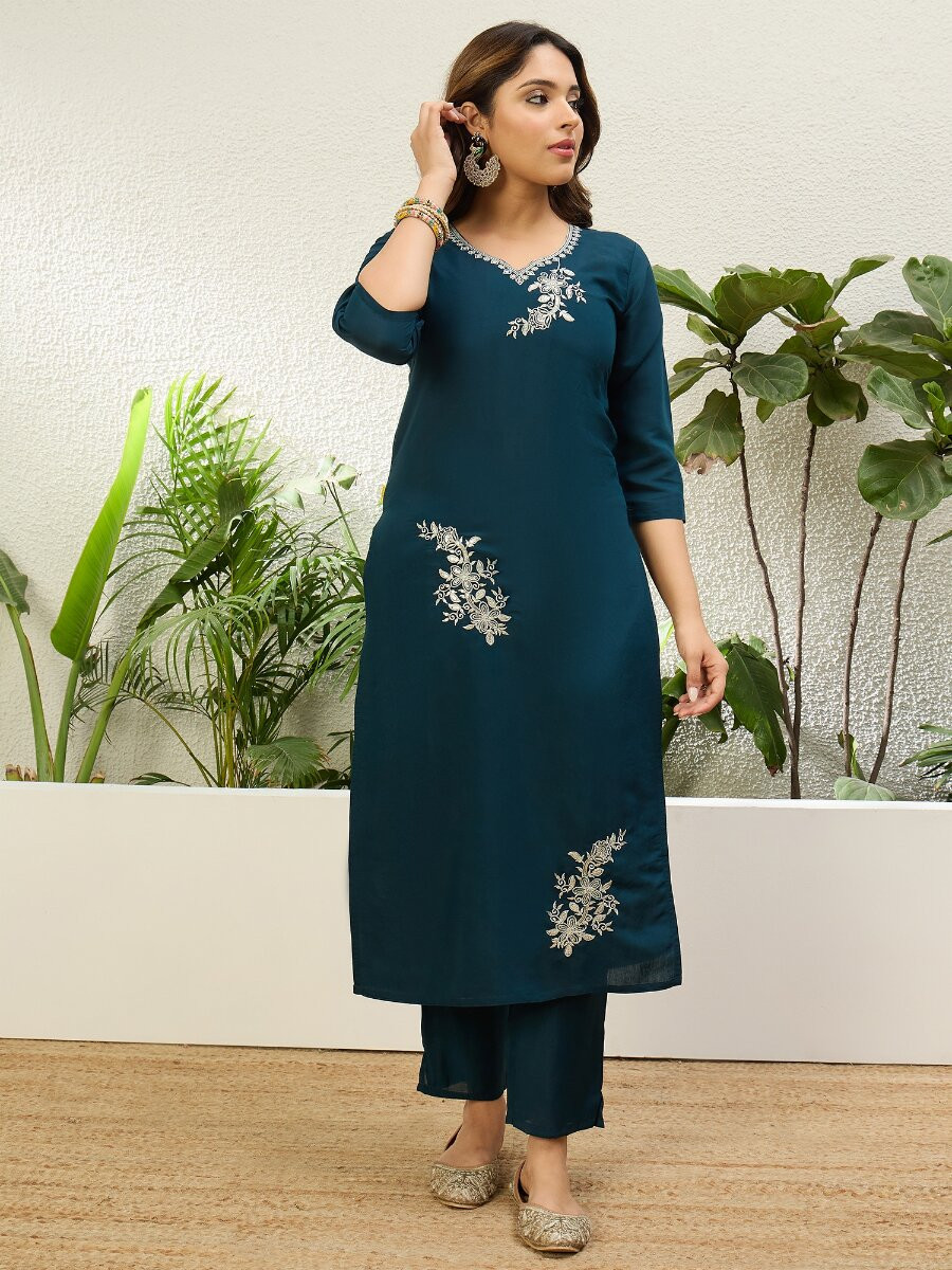Blue Roman Silk Embroidery Wedding Party Festival Casual Pant Salwar Kameez